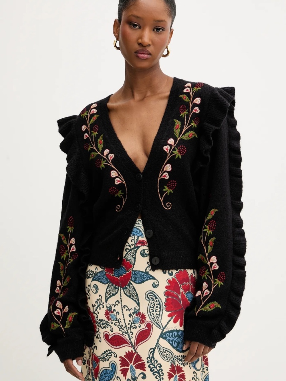 Farm Rio Berry Embroidered Ruffle Cardigan Black Medium NEW